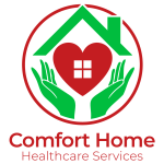 Logo of Comfort Home Healthcare Services featuring a house icon, a heart symbol, and two hands in a circular design.